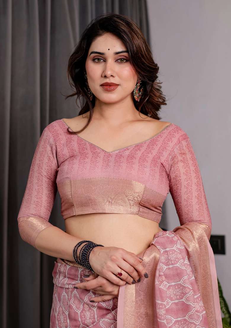 Pink Embroidered Linen Saree Set - Indya