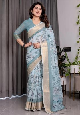 Aqua Embroidered Linen Saree Set