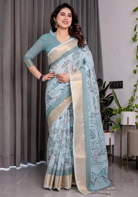 Aqua Embroidered Linen Saree Set