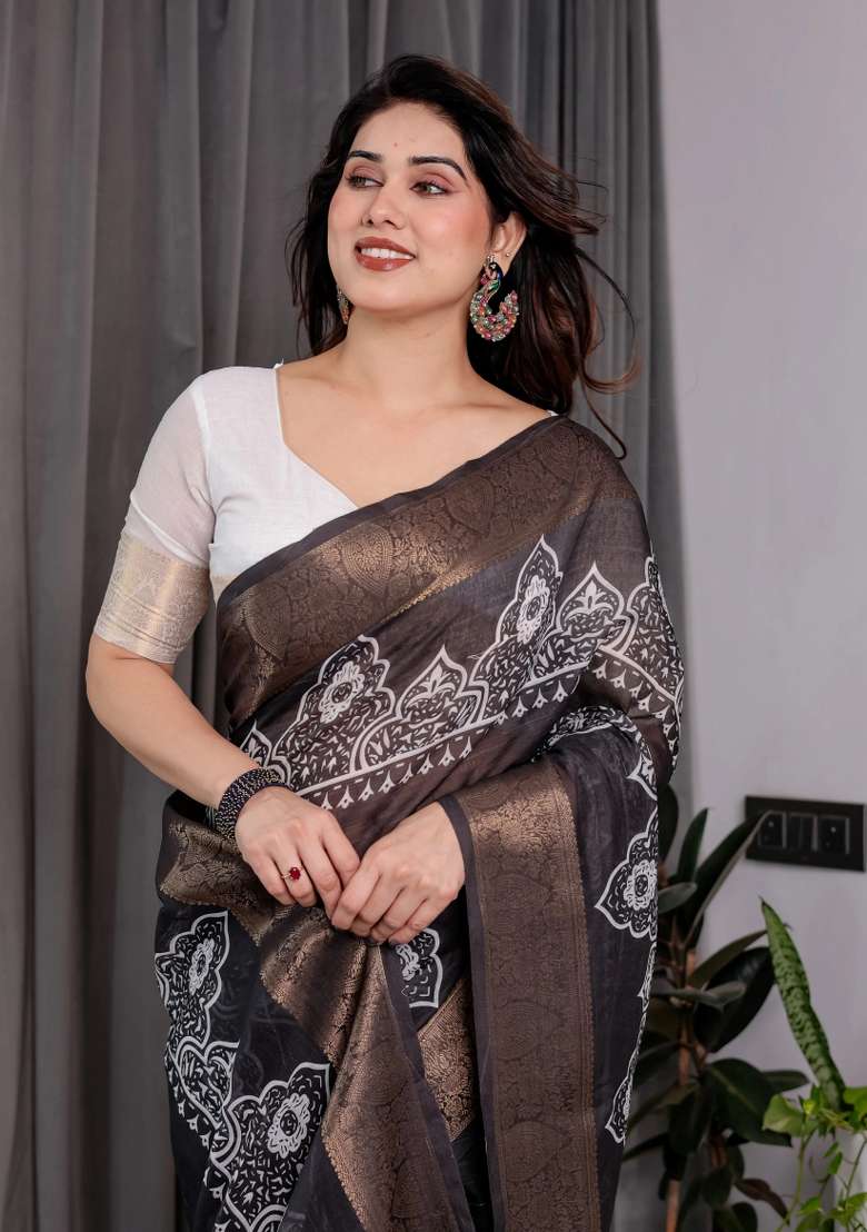 Black Embroidered Linen Saree Set - Indya