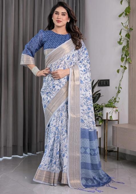 Blue Embroidered Linen Saree Set