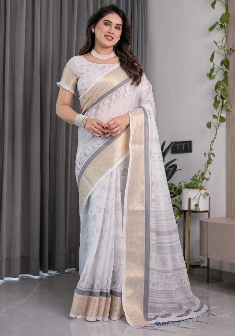 Grey Embroidered Linen Saree Set