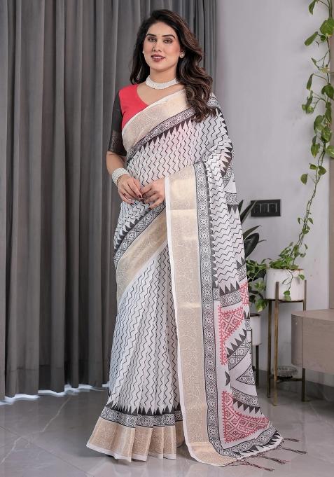 Ivory Embroidered Linen Saree Set