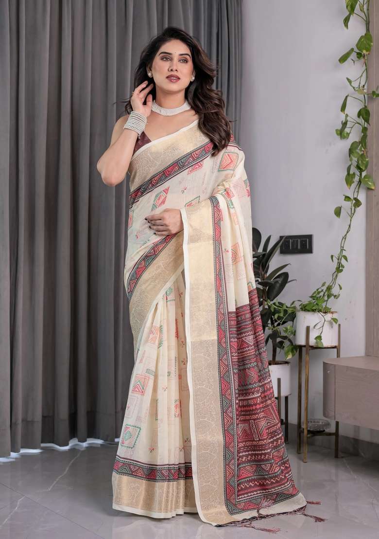Ivory Embroidered Linen Saree Set - Indya