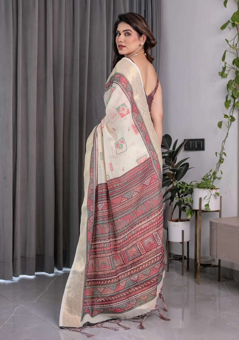 Ivory Embroidered Linen Saree Set - Indya
