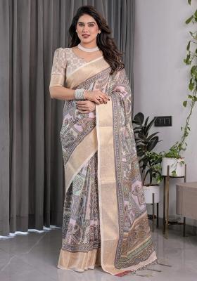 Beige Embroidered Linen Saree Set
