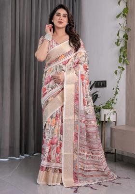 Cream Embroidered Linen Saree Set