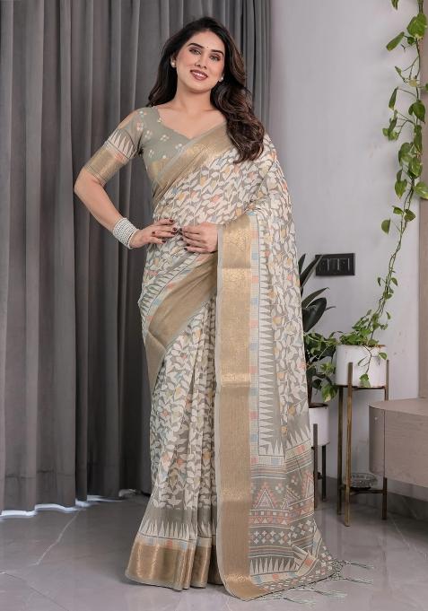 Beige Embroidered Linen Saree Set