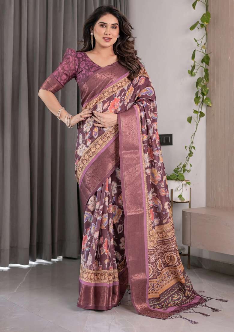 Purple Embroidered Linen Saree Set - Indya