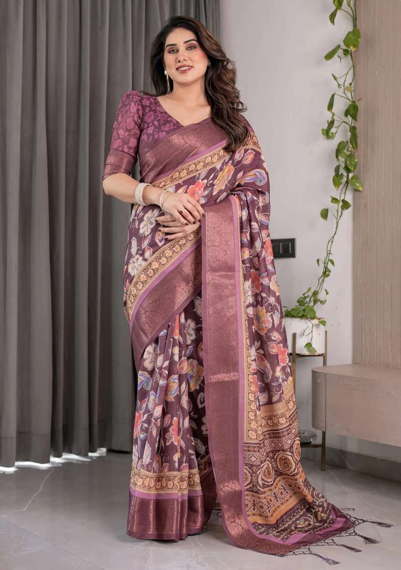 Purple Embroidered Linen Saree Set - Indya