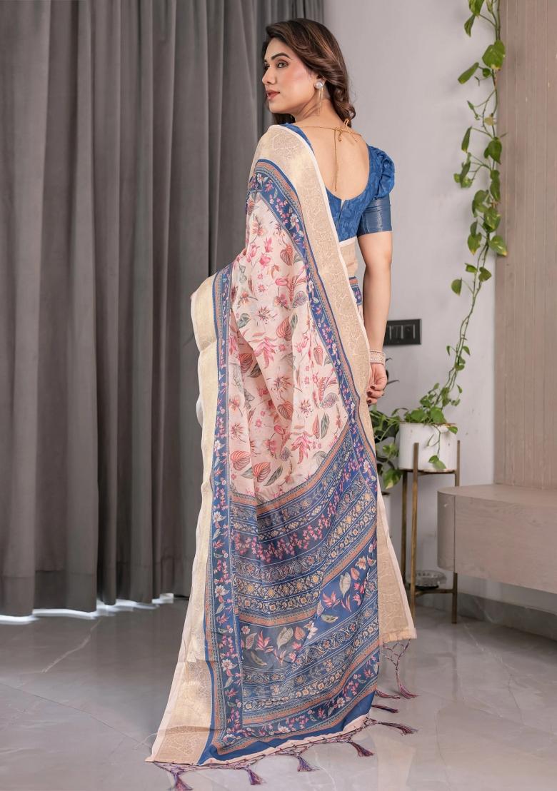 Pink Embroidered Linen Saree Set