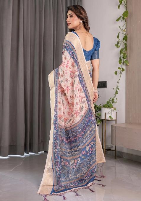 Pink Embroidered Linen Saree Set