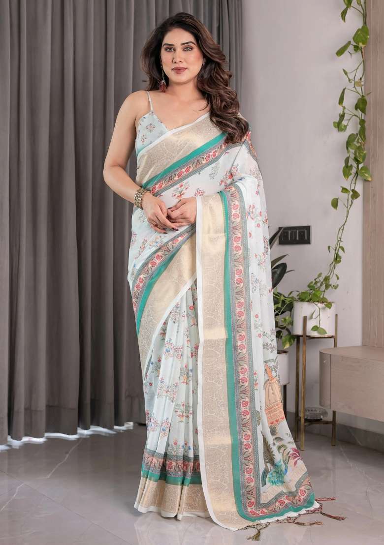 White Embroidered Linen Saree Set - Indya