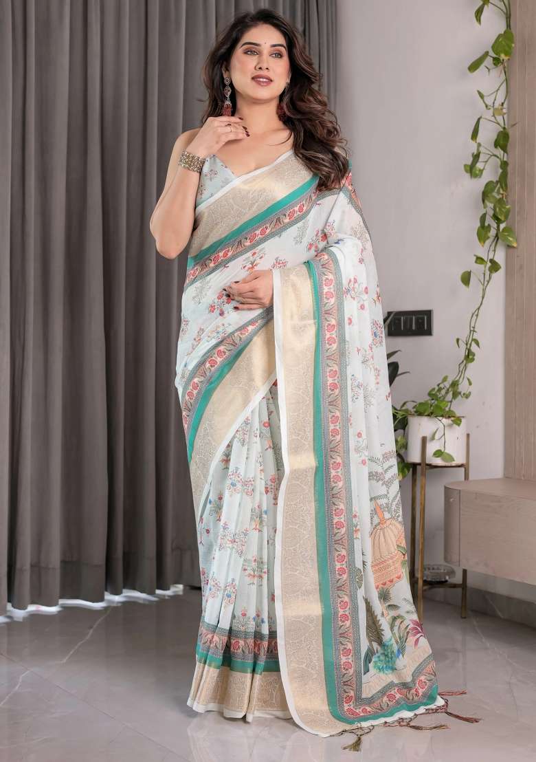 White Embroidered Linen Saree Set - Indya