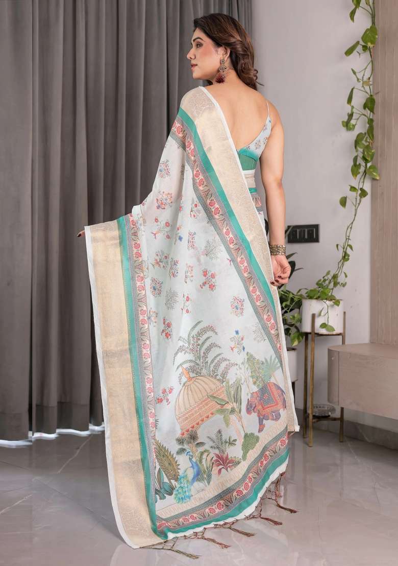 White Embroidered Linen Saree Set - Indya