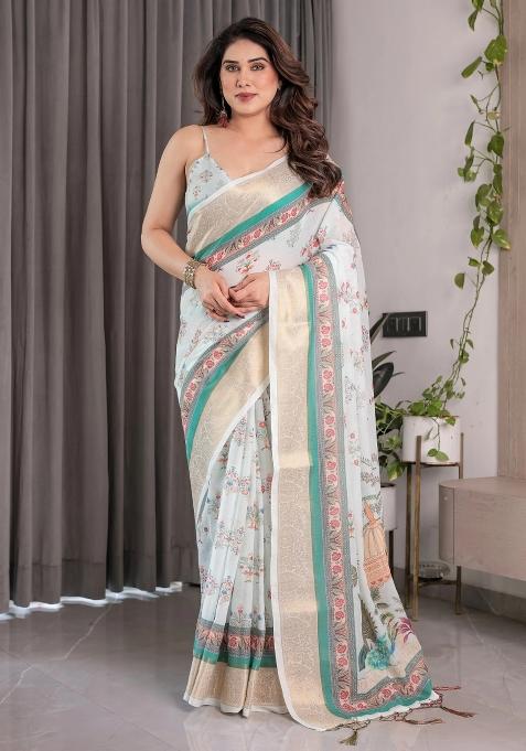 White Embroidered Linen Saree Set