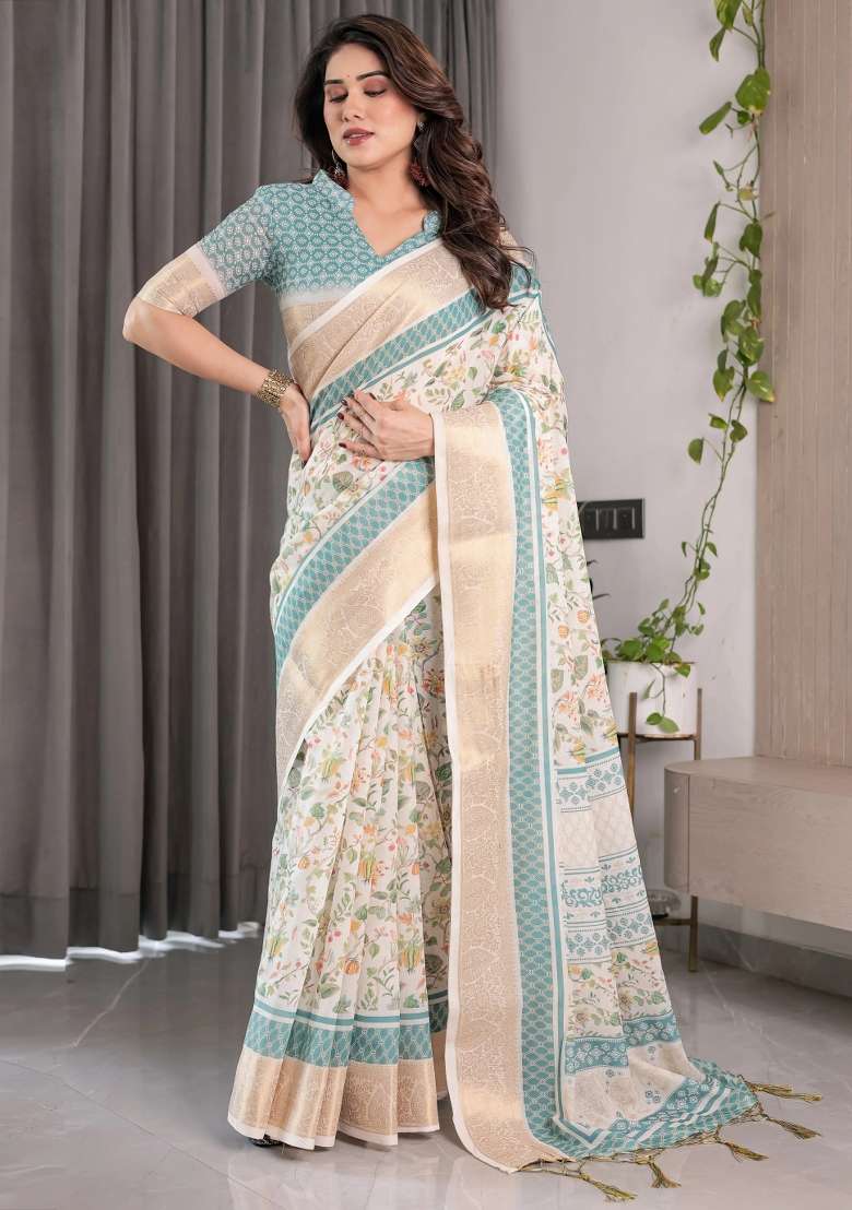 White Embroidered Linen Saree Set - Indya