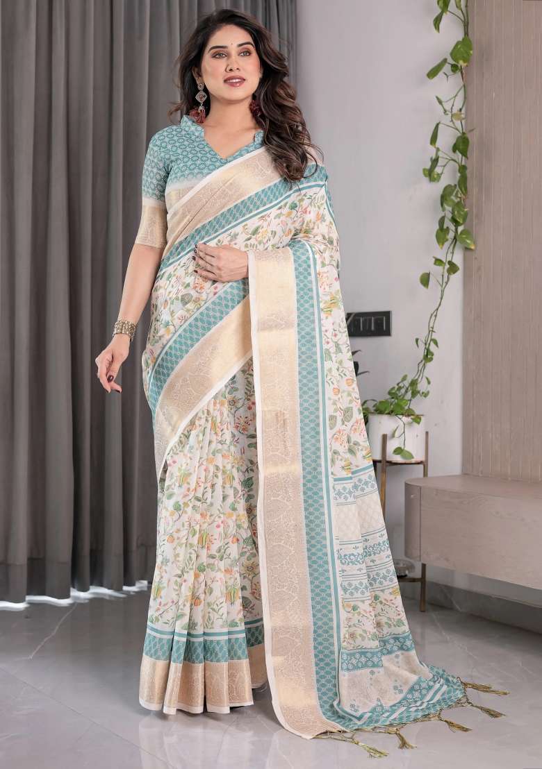White Embroidered Linen Saree Set - Indya