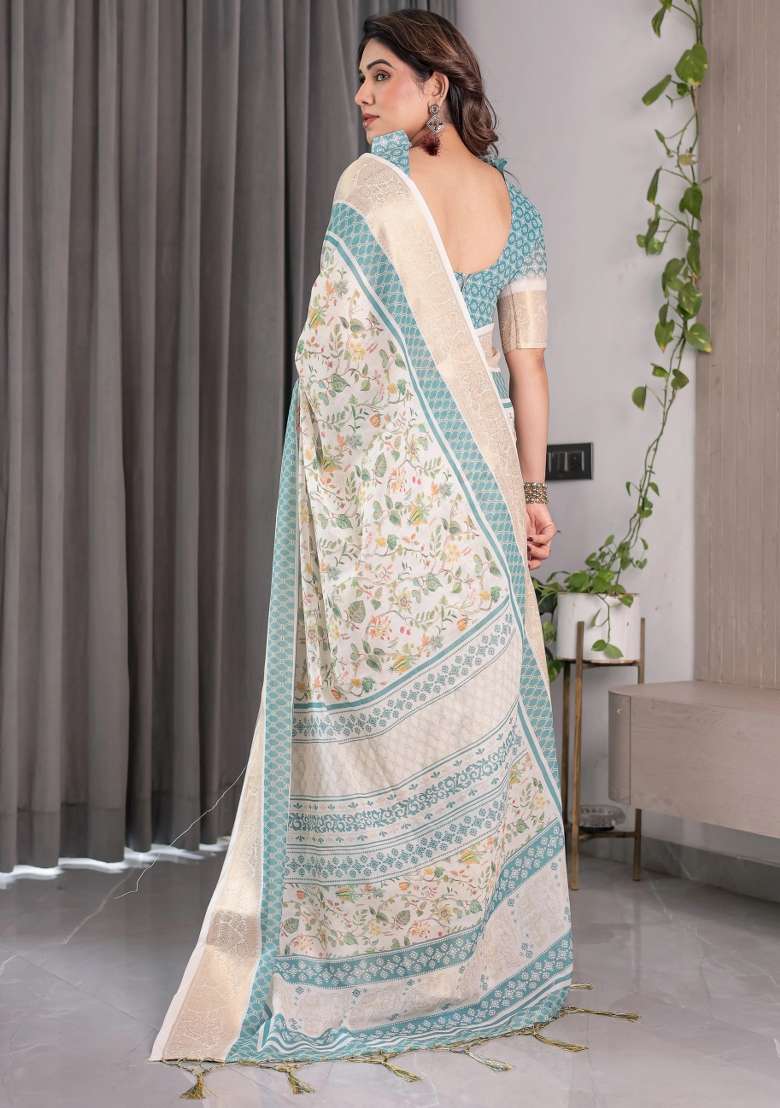White Embroidered Linen Saree Set - Indya