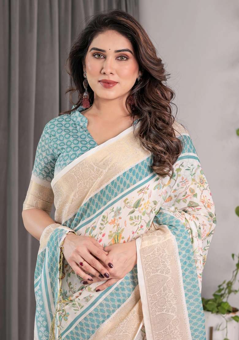White Embroidered Linen Saree Set - Indya