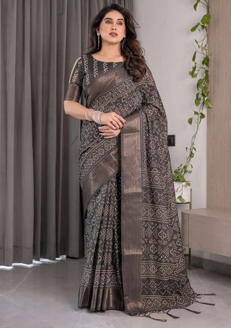 Black Embroidered Linen Saree Set - Indya