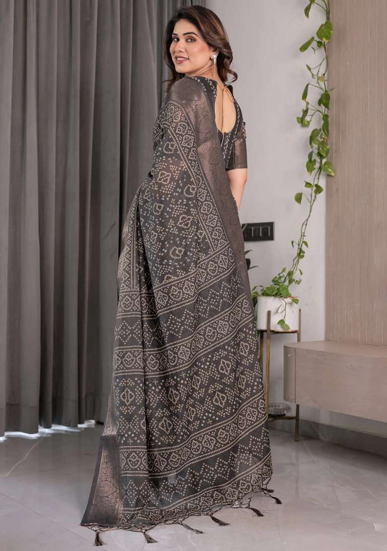Black Embroidered Linen Saree Set - Indya