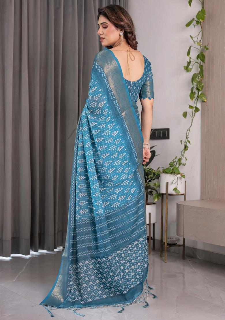 Blue Embroidered Linen Saree Set