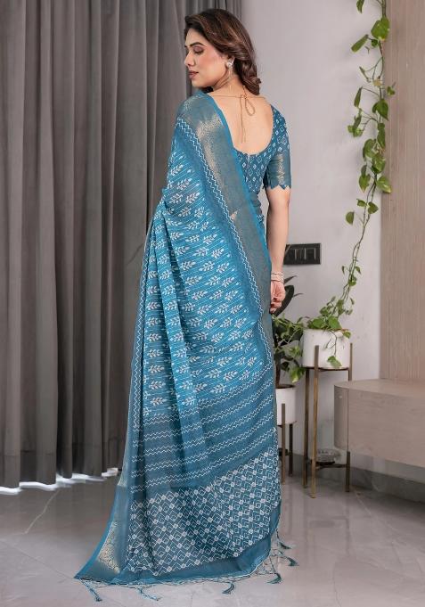 Blue Embroidered Linen Saree Set