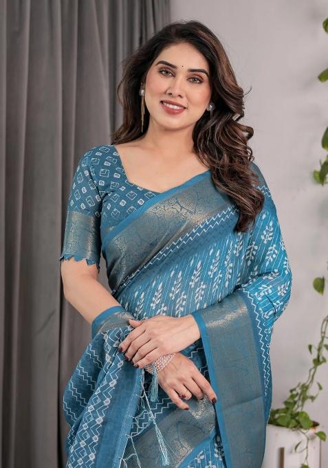 Blue Embroidered Linen Saree Set