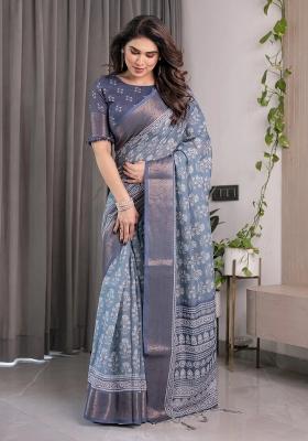 Blue Embroidered Linen Saree Set