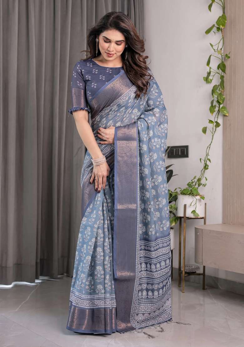 Blue Embroidered Linen Saree Set - Indya