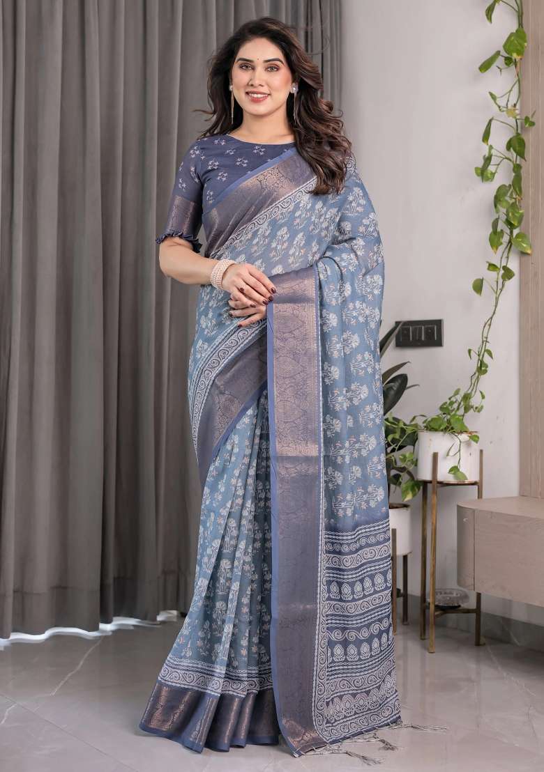 Blue Embroidered Linen Saree Set - Indya