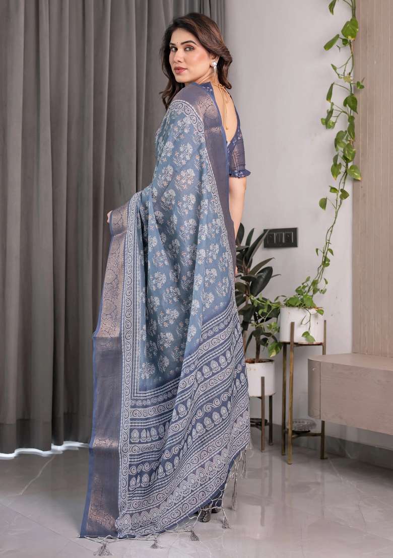 Blue Embroidered Linen Saree Set - Indya