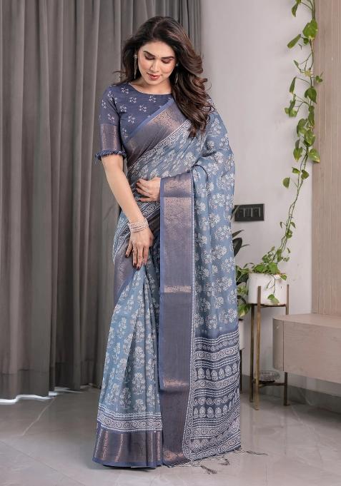 Blue Embroidered Linen Saree Set