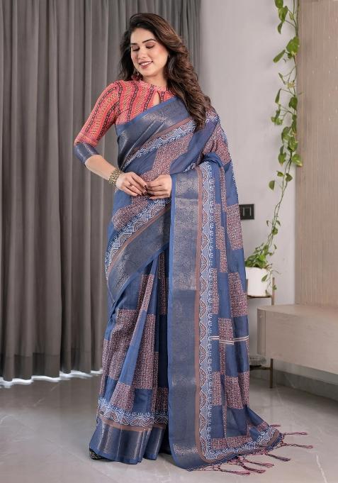 Blue Embroidered Linen Saree Set
