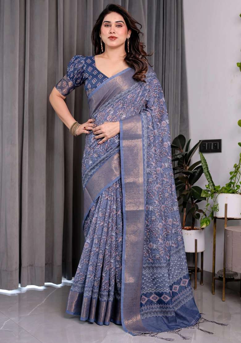 Blue Embroidered Linen Saree Set - Indya