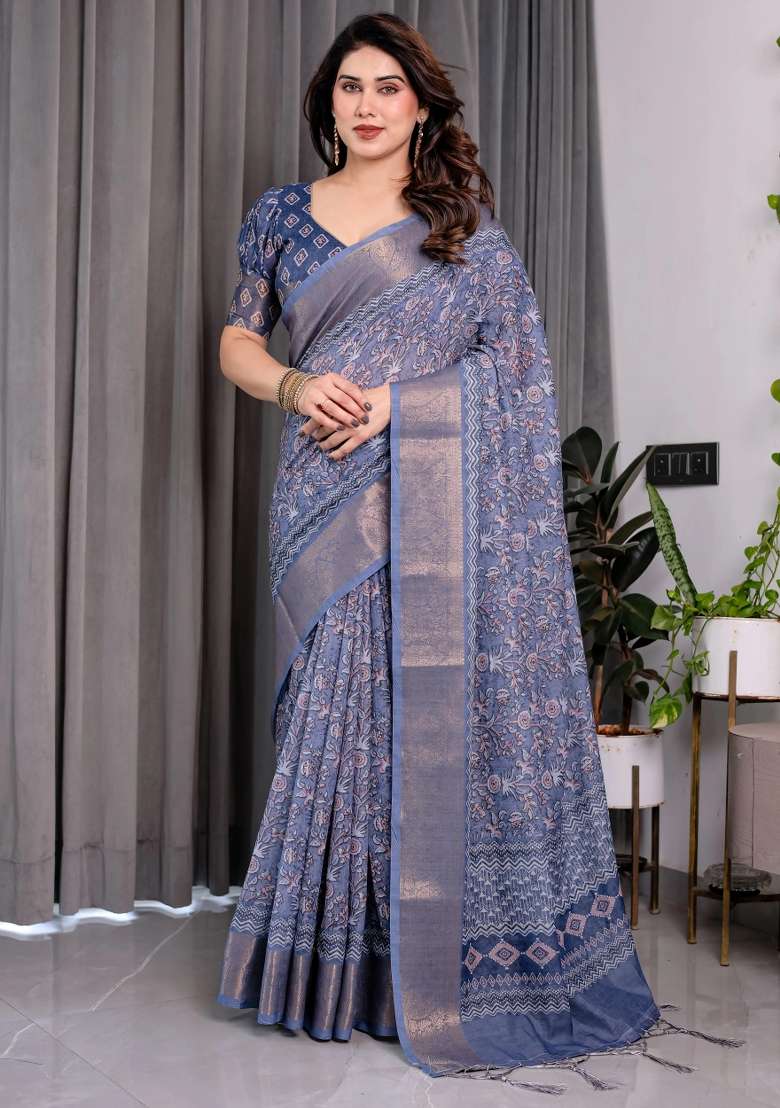 Blue Embroidered Linen Saree Set - Indya