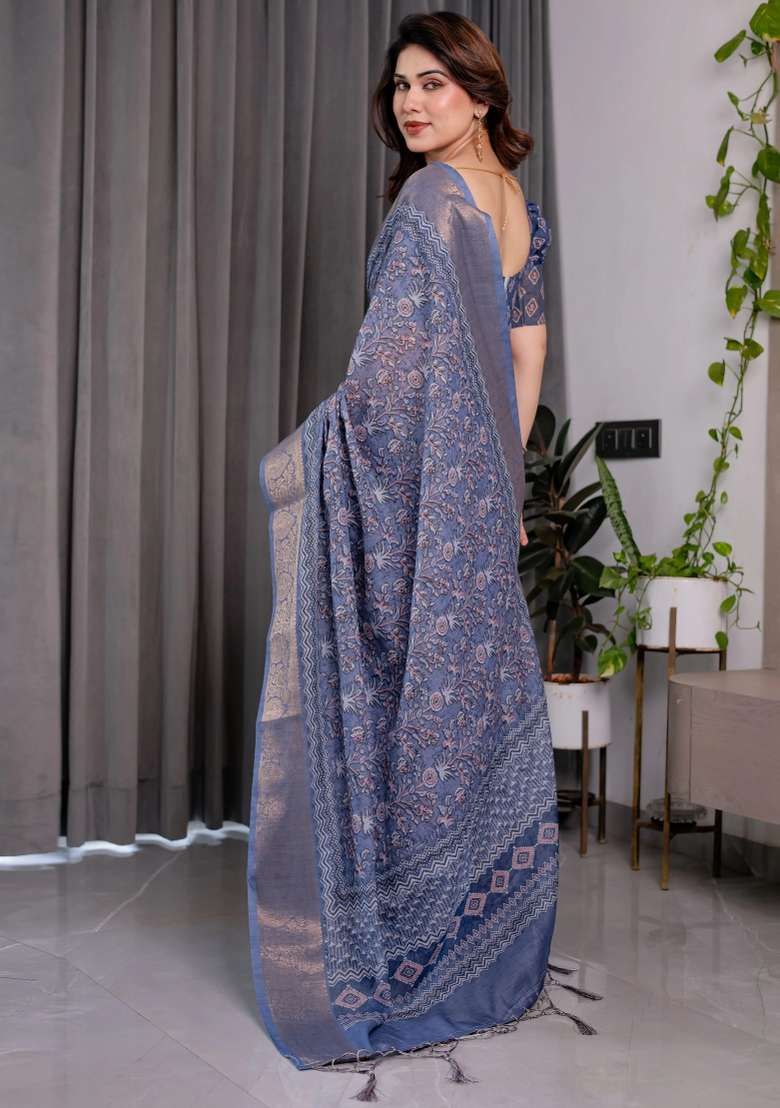 Blue Embroidered Linen Saree Set - Indya