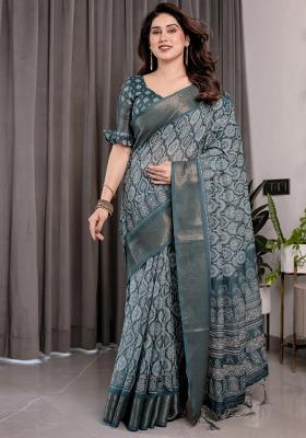 Blue Embroidered Linen Saree Set