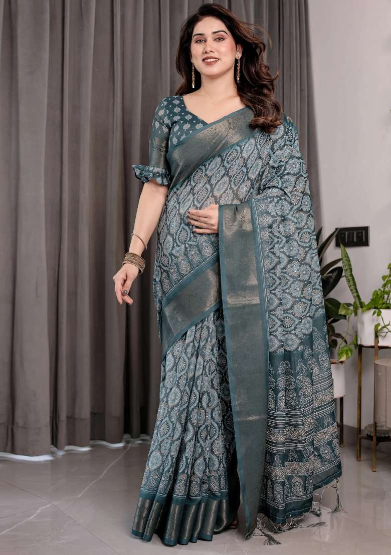 Blue Embroidered Linen Saree Set - Indya