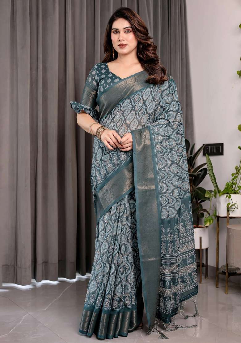 Blue Embroidered Linen Saree Set - Indya