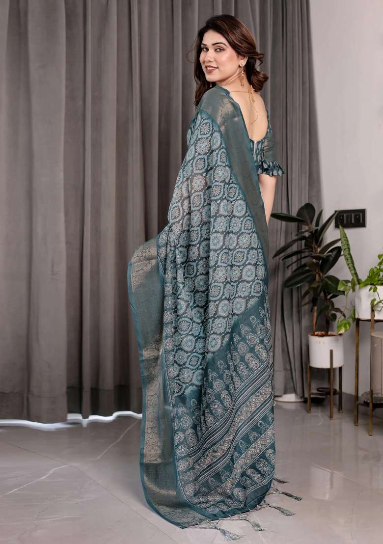 Blue Embroidered Linen Saree Set - Indya