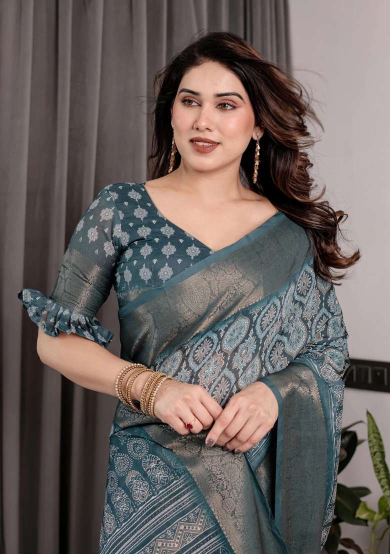 Blue Embroidered Linen Saree Set - Indya