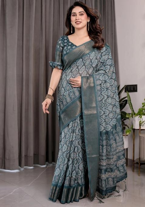 Blue Embroidered Linen Saree Set