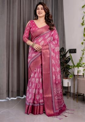 Pink Embroidered Linen Saree Set