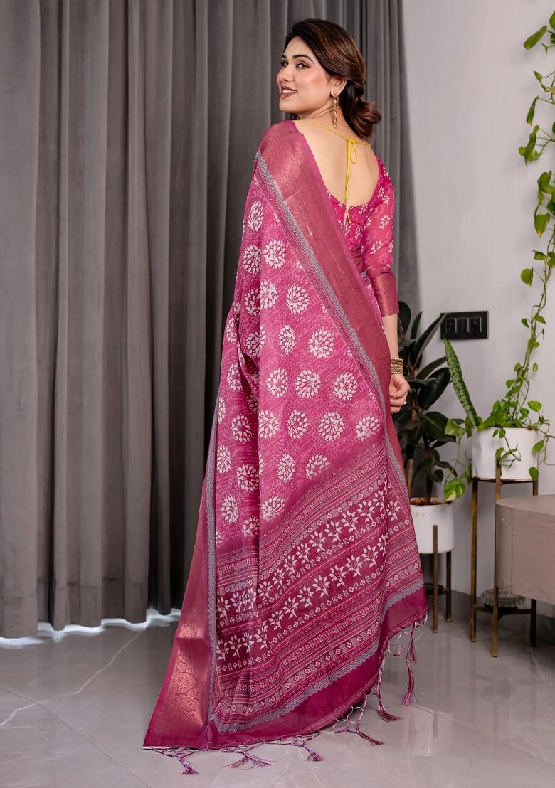 Pink Embroidered Linen Saree Set