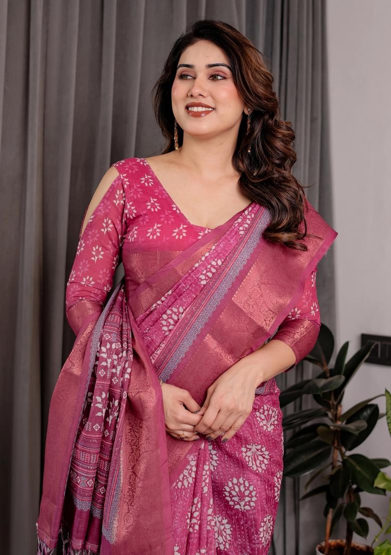 Pink Embroidered Linen Saree Set