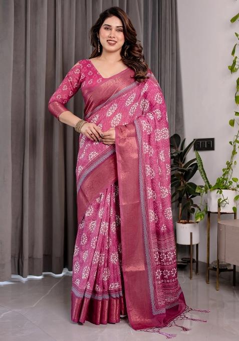 Pink Embroidered Linen Saree Set