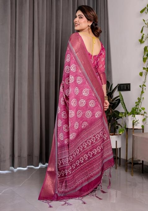 Pink Embroidered Linen Saree Set