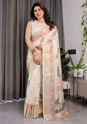 Cream Embroidered Linen Saree Set